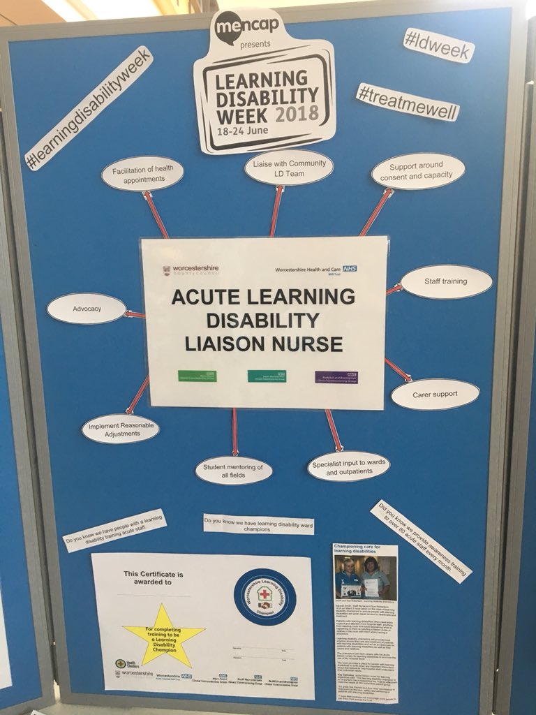 raig2505's tweet photo. Today I’m at the front of Worcester Royal with a display for @mencap_charity #learningdisabilityweek2018 thanks to student LD nurse Hannah Mogg from @BCU_LDnursing who put this display together. Joined today by a family carer. Come and say hello! @WorcsAcuteNHS @WorcsHealthCare🤗 https://t.co/lTcpUrftws
