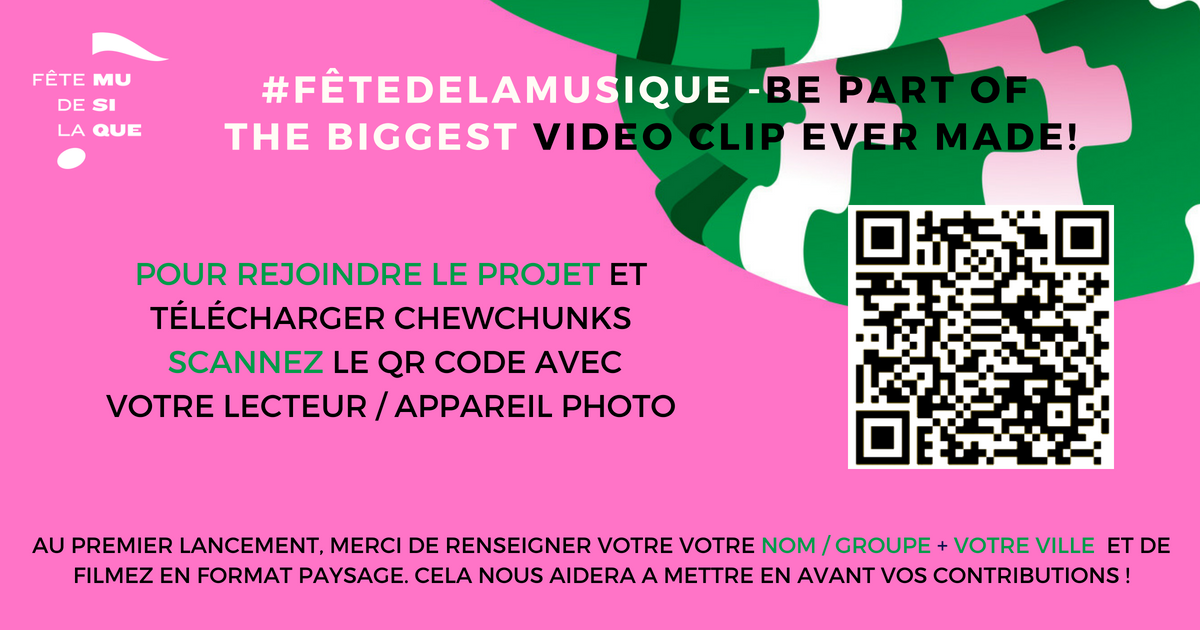 chewchunks's tweet photo. Cette année soyez acteur de la #FêtedelaMusique2018 ! 🎤
Où que vous soyez à travers le monde, participez à la création de la plus grande vidéo jamais faite à partir de vos photos &amp; vidéos envoyées par les spectateurs, musiciens et organisateurs du monde entier. 🎸🌍 https://t.co/GE5uTdpAY3
