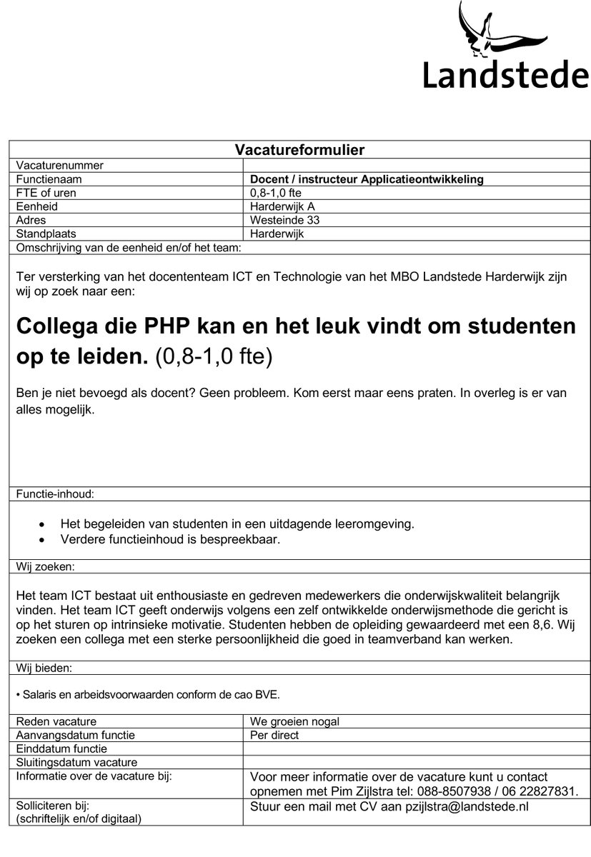 Wie komt ons versterken? Wij zoeken een collega die PHP kan en het leuk vindt om studenten op te leiden tot professional.