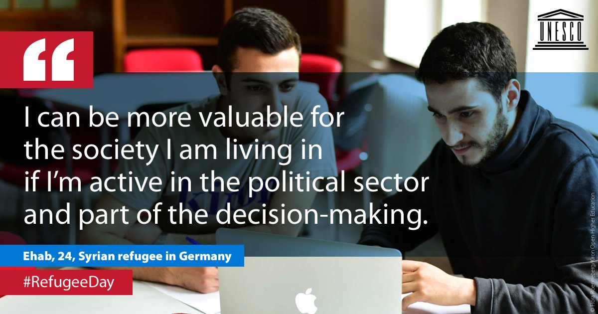 Ehab escaped violence in Syria and now lives Germany where he is pursuing a degree programme. He plans to use his skills to eventually help rebuild his country. Read his story: on.unesco.org/2DHsy9f #WithRefugees #WorldRefugeeDay #RightToEducation