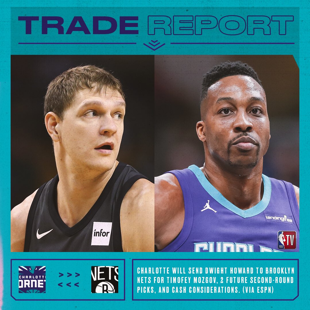 Reports: the Hornets are sending Dwight Howard to the Nets for Timofey Mozgov, 2 future second-round picks and cash. (Via ESPN)