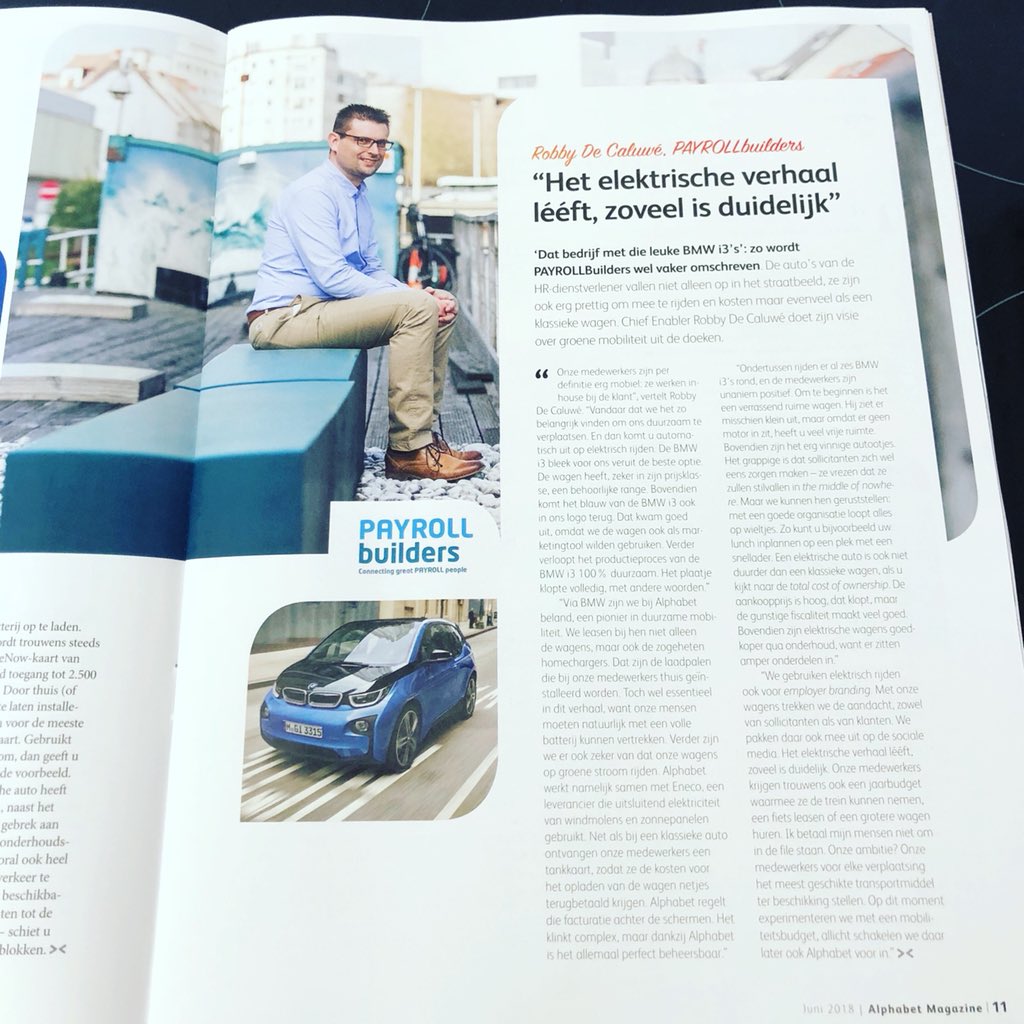 Onze Chief Enabler, Robby De Caluwé, doet in de nieuwste editie van Alphabet Magazine onze visie op vlak van duurzame mobiliteit uit de doeken. #payrollbuilders #gogreen #greenmobility #bmwi3