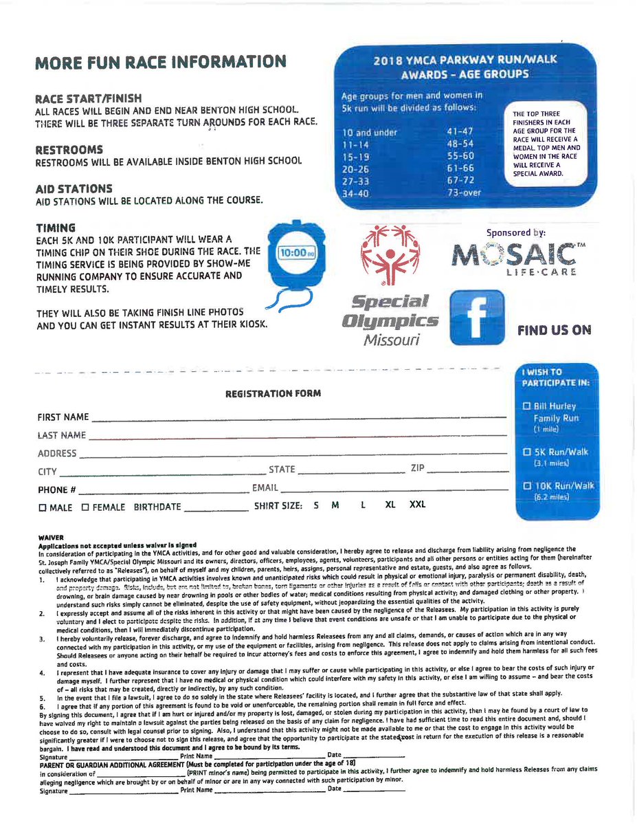 The Parkway Run is June 23, 2018!  Don't miss out on this great run, sponsored by the YMCA!  3 events to choose from: Bill Hurley Memorial Family Walk/Run (1K),  5K &amp;  10K race.  Register online at RUNSIGNUP.COM or at either of the St. Joseph, Missouri YMCA locations!