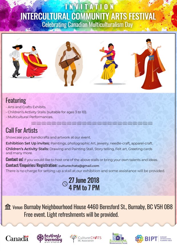Culturechats's tweet photo. Please join Culture Chats and our partners for the Intercultural Community Arts Festival to be held on June 27th 2018 from 4 pm to 7 pm at the Burnaby Neighbourhood House, 4460 Beresford Street   #MultiDay https://t.co/2lag2mQ5D2