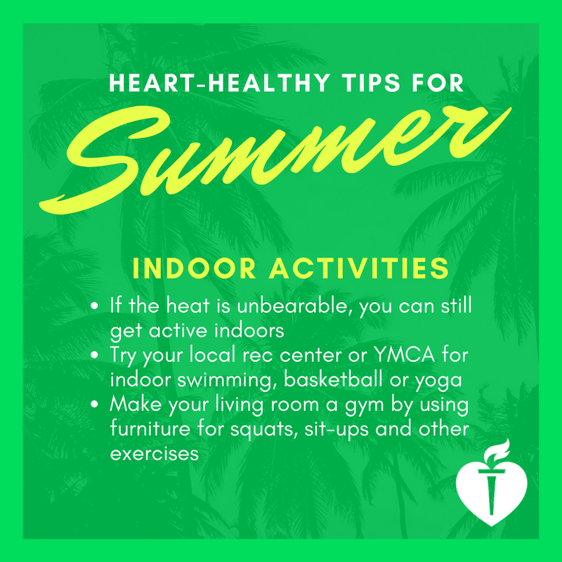 AHALouisiana's tweet photo. Looking for ways to beat the heat? Head indoors and try these activities when the summer sun is too much to bear. #AHAwhy #SummerHealth https://t.co/Wx8cCqz1Xf
