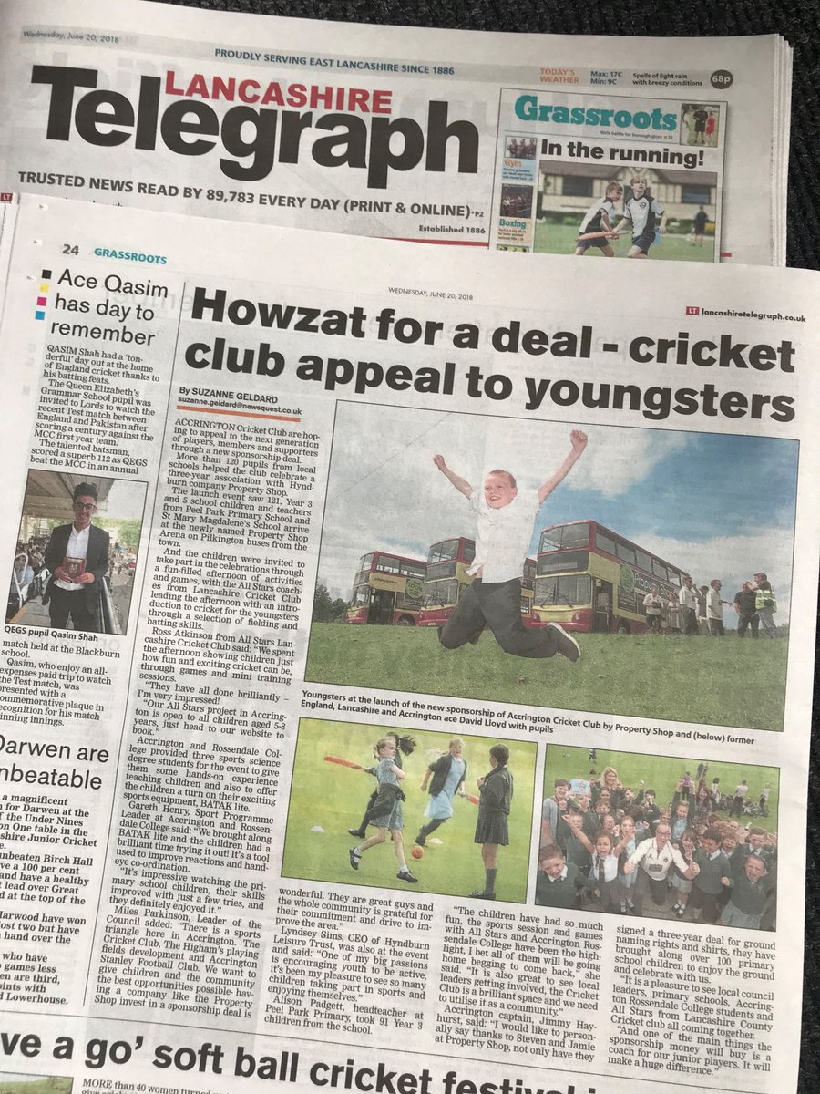 Great coverage in the Grassroots section of today's <a href="/lancstelegraph/">Lancashire Telegraph</a>:
Howzat for a deal - cricket club appeal to youngsters! #AmazingAccrington 
<a href="/AccyCC/">BAKAccycc</a> are hoping to appeal to the next generation of players, members and supporters through a new sponsorship deal. #grassroots 🏏