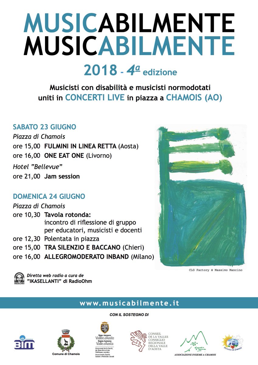 VdAWelfare's tweet photo. 23 e 24/06 MusicAbilmente -Chamois: evento speciale, alla  4^ edizione, in cui gruppi di musicisti con disabilità e normodotati condividono un'opportunità di incontro, di apprezzamento reciproco, di scambio di esperienze, di condivisione della loro notevole preparazione. https://t.co/41JNCAGHyG
