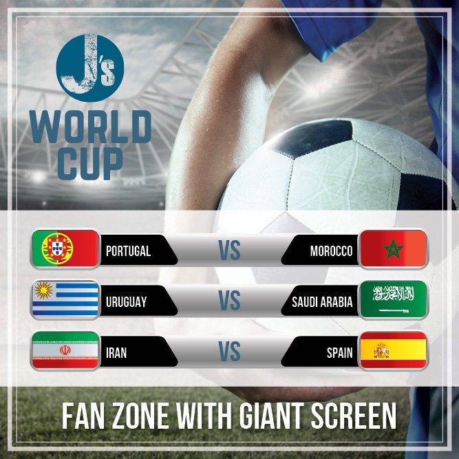 JsFreshKitchen's tweet photo. Today’s Football line up. Come early and enjoy our amazing deals on food and drinks. Who are you rooting for? #JsFresh #FifaWorldCupRussia2018 https://t.co/e9NTOW4MDP