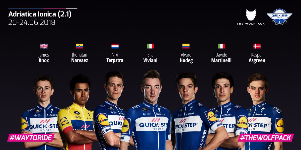 🇮🇹 #AIR2018 @adriaticaionic1
 
@quickstepteam line-up 🐺

🇬🇧@JamesKnoxx
🇪🇨 @NarvaezJho
🇳🇱 @NikiTerpstra
🇮🇹 @eliaviviani
🇨🇴 @alvaro_hodeg
🇮🇹 @Davide_Marti93
🇩🇰 @Kasper_Asgreen

#Thewolfpack #Waytoride #livecyclingmanager #cycling #cyclisme #FelizMiercoles