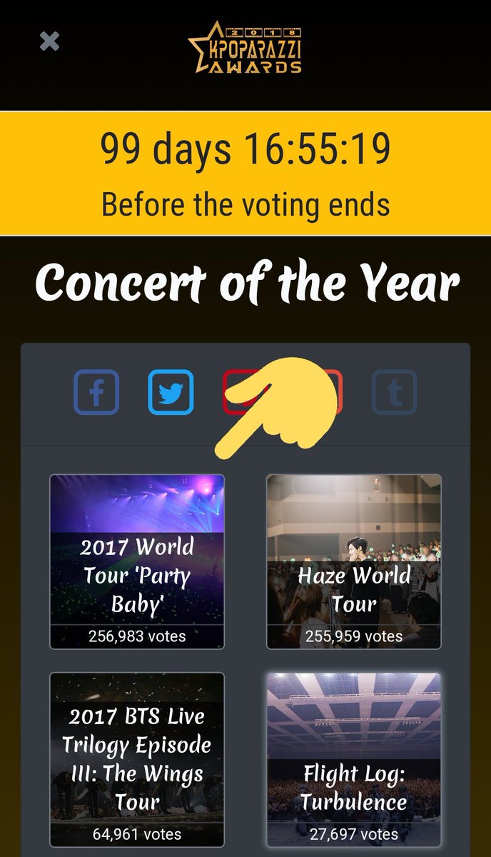 📣 Vote for "Party Baby" on 2018 Kpoparazzi Awards under the Concert of the Year category 📣

You can log in via Twitter or Facebook. 

Link ⬇️⬇️⬇️
kpoparazzi.com/awards/2018/co…