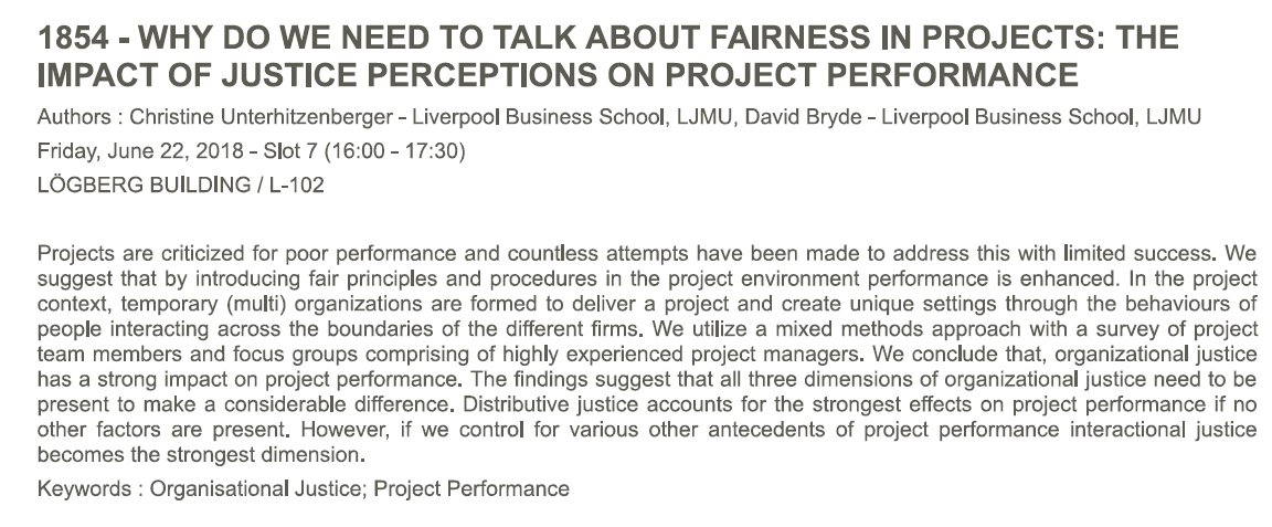 euramPO's tweet photo. @christine_uhb and @DavidBryde1 from @LJMU  will talk tomorrow about Organisational Justice and Project Performance #EURAM2018 @EURAM_BXL. https://t.co/VkPQClTvX5