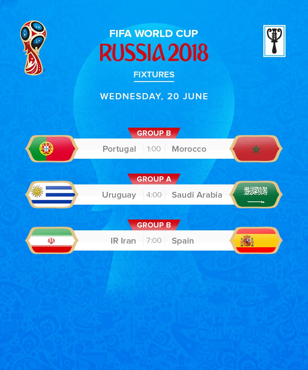GuardianNigeria's tweet photo. The action continues at the FIFA World Cup in Russia, and here are todayโs fixtures.
#POLMOR #URUSAU #IRASPA #WorldCup#Russia2018 #Football #Soccer#GuardianSports #TheGuardianNg https://t.co/XI1wjW4q87