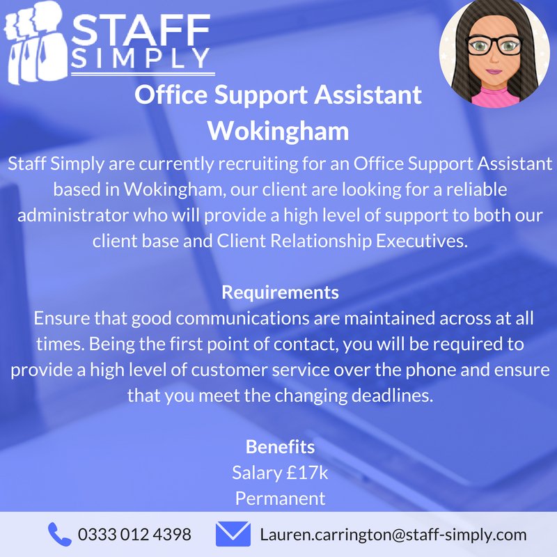Staff_Simply's tweet photo. Staff Simply are currently recruiting for an Office Support Assistant based in Wokingham #StaffSimply
 https://t.co/Pg4G6yNT2D https://t.co/KokIFisDpO