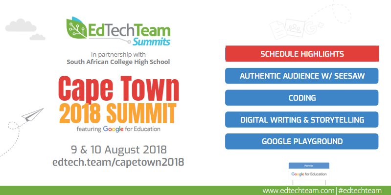 The #EdTechTeam CPT Summit schedule includes PBL, Digital Literacy, Cross-curricular Learning Design, Coding, Robotics &amp; more! It's also South Africa's first trilingual EdTechTeam Summit w featured sessions in Afrikaans &amp; isiXhosa. Join us! #ZAedu events.edtechteam.com/capetown2018/1…
