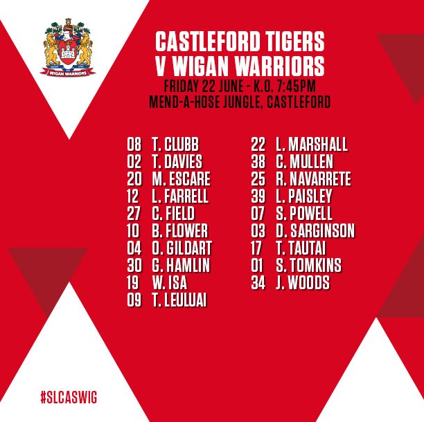 The Wigan squad for Friday's Super League fixture against Castleford Tigers.

Liam Farrell, Liam Paisley and Josh Woods all come into the squad.

#SLCasWig