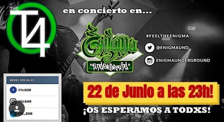 EnigmaUnd's tweet photo. Enigmaticxs, Este viernes 22 de Junio a las 23h, @t4_band , rock local que ha sonado en el AlcaláSuena Festival. Y gratis. 💪😎 #rockdelbueno
#feeltheenigma
#enigmaticxs

FB: Sala Enigma Underground
Tw: Enigmaund

Horario de apertura: 22h - 5.30h

Calle Postigo 13 https://t.co/EXxEJLNMOT