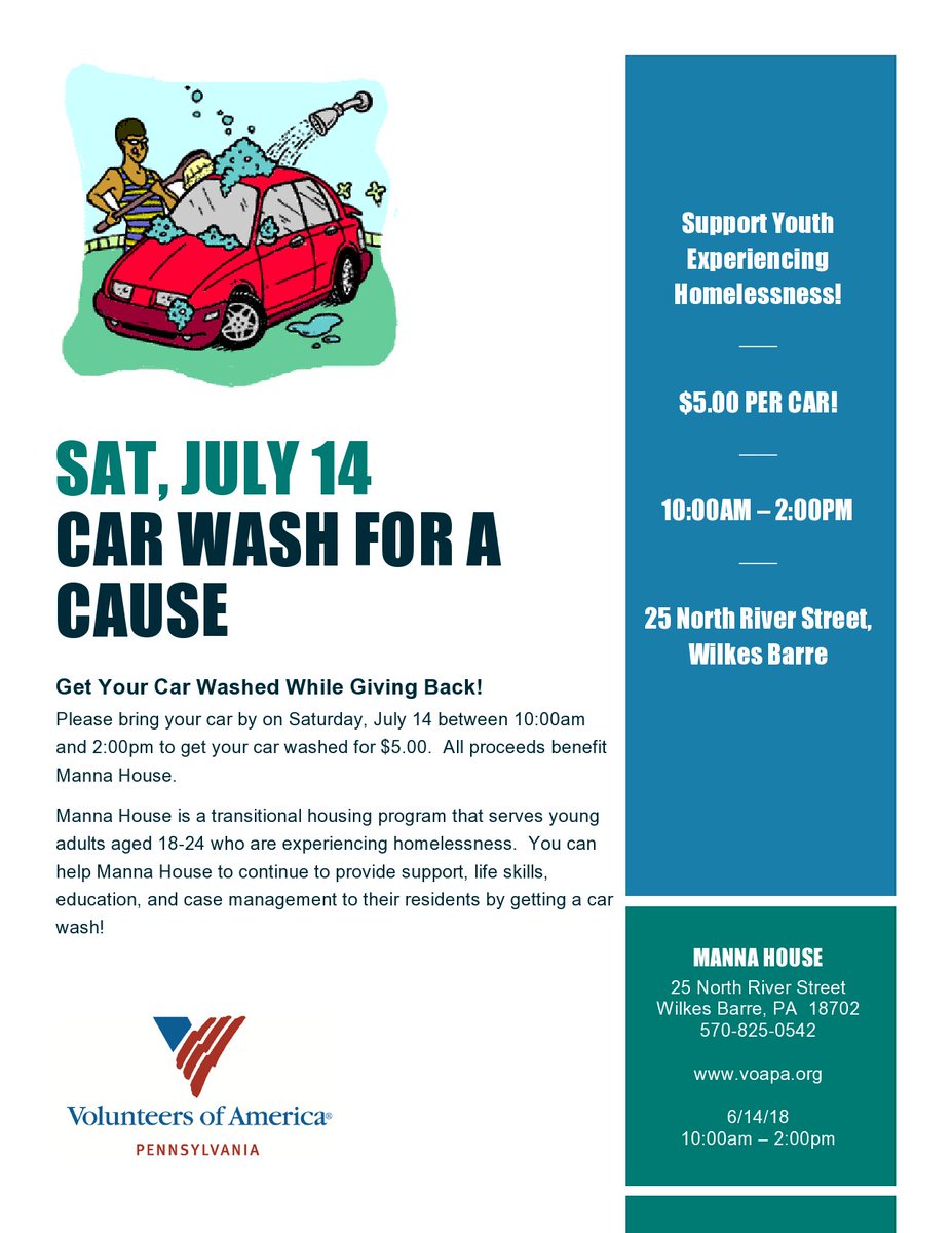 VOAPennsylvania's tweet photo. Join us on Saturday, July 14th at our Wilkes Barre office to get a $5 car wash that benefits Manna House transitional housing program for individuals 18-24 experiencing #homelessness #NEPA #fundraiser #fundraising #WilkesBarre https://t.co/qwks4SghNm