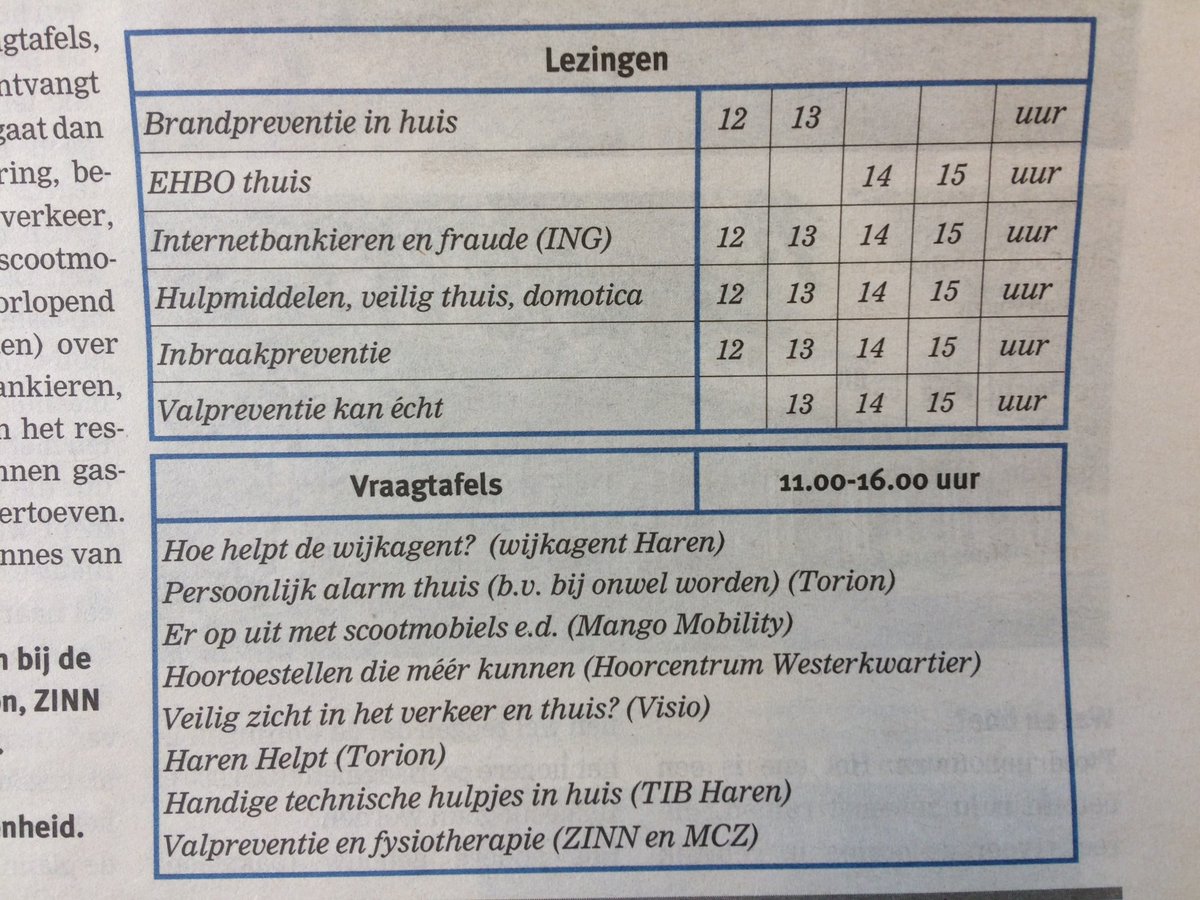 Programma lezingen en vraagtafels bekend op de infomarkt Veilig Thuis Wonen voor senioren.  Ook Harenhelpt en Toegangsteam zijn er bij.  Zaterdag 23 juni van 11-00-16-00 uur in De Dilgt, Dilgtweg 3  Haren.