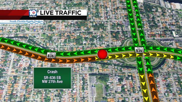 Crash has ALL LANES BLOCKED on SR-836 EB at NW 27th Ave #trafficalert https://t.co/dOfpkeVjhO