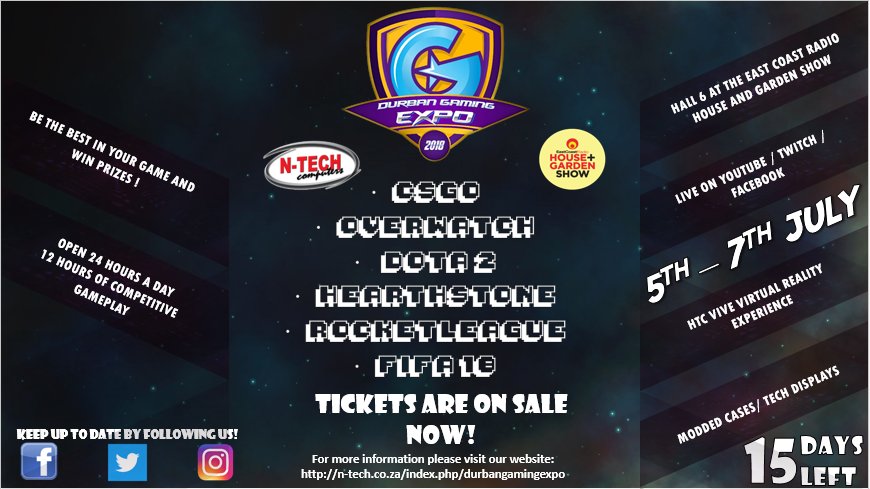 NTechComputers's tweet photo. Durban Gaming Expo is 2 weeks and 1 day away!
Prizes that are up for grabs will be announced within the next few days!
#DGE #durban #gaming #expo #NtechComputers #nosleep #prizes #console #lan #nosleep #prizes #computer #tech #esports https://t.co/jfmx5k3NJE