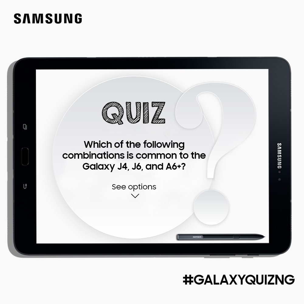 samsungmobileng's tweet photo. Which of the following combinations is common to the Galaxy J4, J6, &amp; A6+? 
(a) Face recognition, AR Emoji, Dual Messenger
(b) 32GB ROM, Face recognition, Dual Messenger
(c) Dual Messenger, Find My Mobile, 32GB ROM
(d) None of the above

The 20th correct answer wins #GalaxyQuizNG https://t.co/BUR67jLRWc