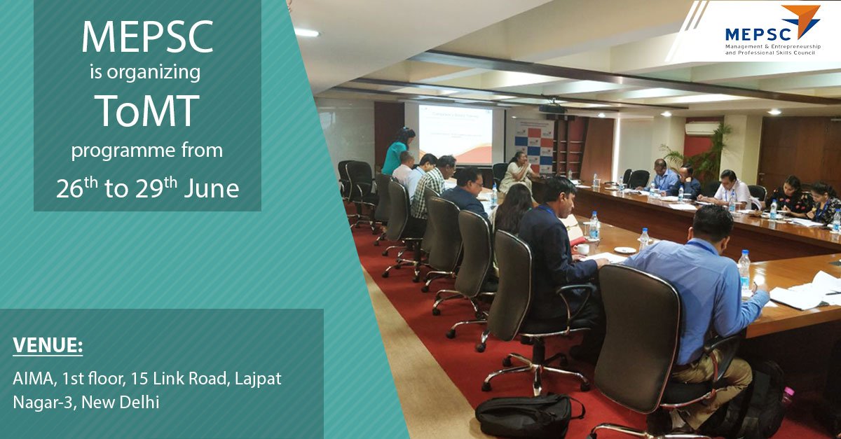 MEPSCindia's tweet image. #MEPSC is organizing #ToMT programme from 26th-29th June 2018 at AIMA 1st floor, 15 Link Road, Lajpat Nagar-3, New Delhi.
Register here: bit.ly/tomt-delhi-reg…

@PMOIndia @NSDCINDIA @MSDESkillIndia @AnantkumarH #SkillDevelopment #Register #Training #Skill4NewIndia #AbSkillKiBari