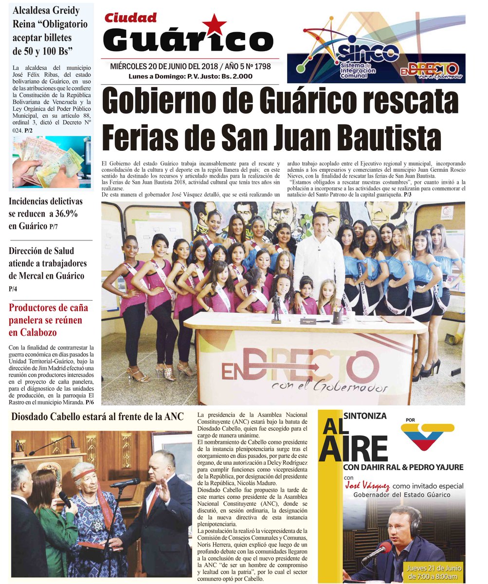 Gob_Guarico's tweet photo. #Portada 📰 || ¡📢 ¡No te la pierdas! #20Jun del @ciudadgrc edición 1798🗞
‍<<Gobierno de Guárico rescata Ferias de San Juan Bautistas>>
#FelizMiercoles 
#EnCuerpoYAlma
#SoyGuárico https://t.co/YWsYW3e8XM