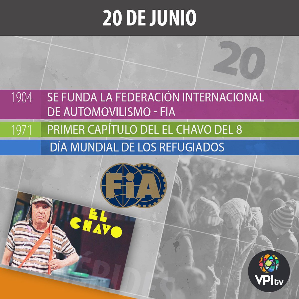 VPITV's tweet photo. #EfeméridesVpiTV tal día como hoy, #20Jun pero de 1904 se funda La Federación Internacional de Automovilismo. En el año 1971, se transmite el primer capítulo de la serie El Chavo del 8. Y en año 2001, la ONU decreta está fecha como el Día Mundial de los Refugiados. https://t.co/Qr96ZsxOvn