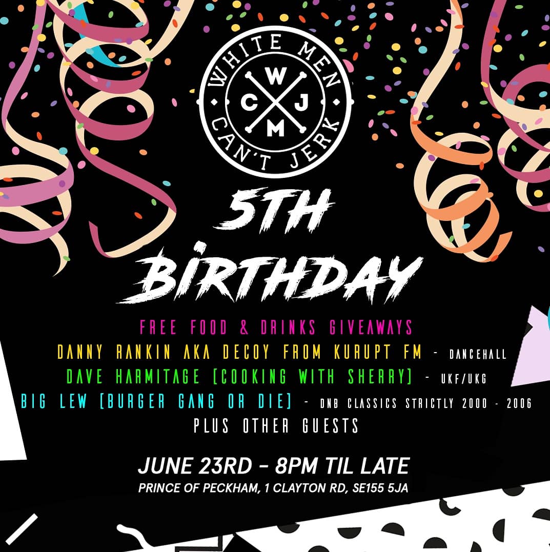 Playing a dancehall set <a href="/princeofpeckham/">Prince of Peckham</a> for <a href="/WMCJ_LDN/">White Men Can't Jerk</a> 5th birthday this Saturday. Come jerk it and work it!!! 🍗🎂🍹🍾