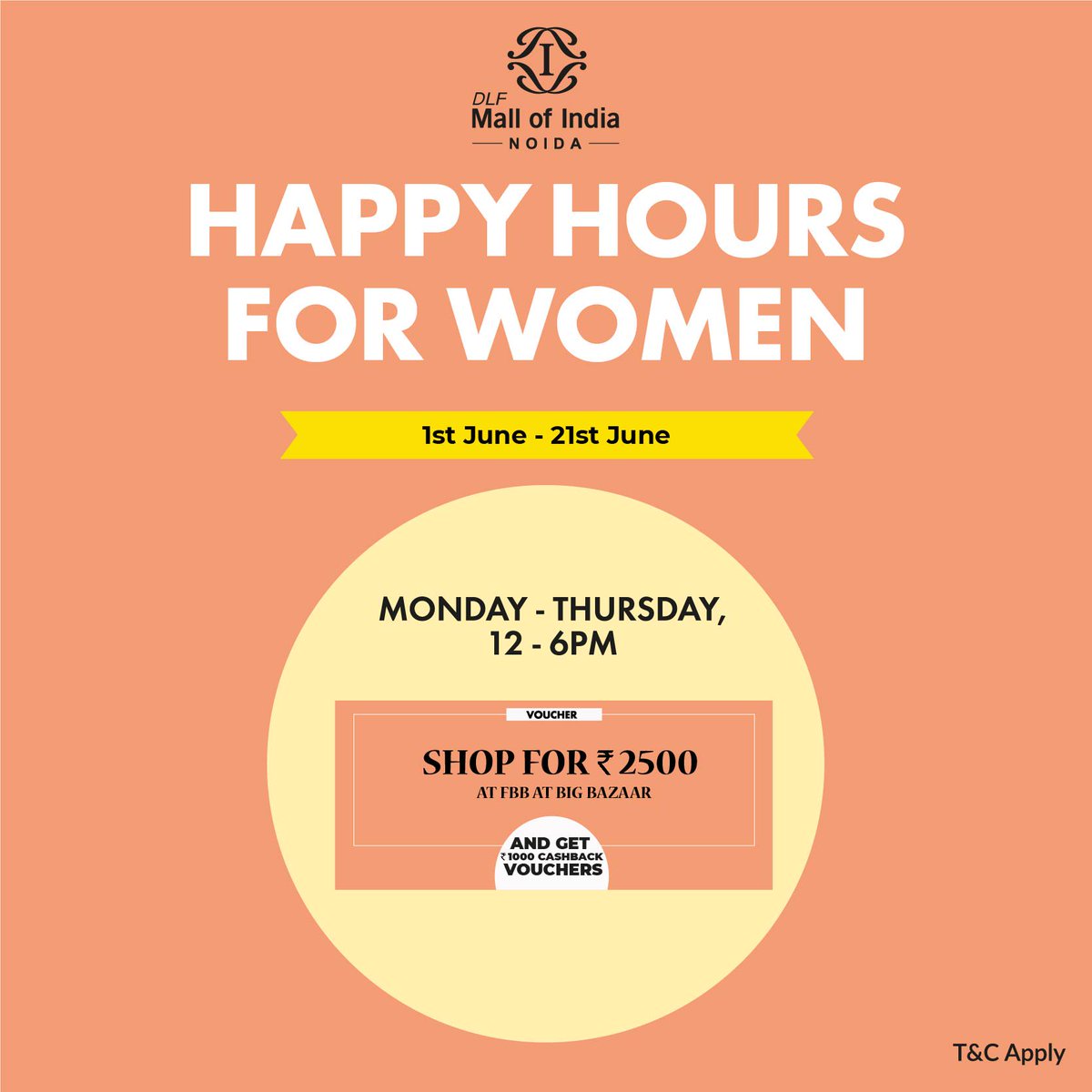 DLFMoI's tweet photo. “I am tired of shopping!”, said no woman ever. Enjoy your favourite hobby at #DLFMallofIndia in #HappyHours as for every Rs. 2500 purchase from FBB, Big Bazaar, get Rs. 1000 cashback vouchers. Shop now! #HappyHoursforWomen #DLFMoI #DestinationMall https://t.co/sJlZmGyM3a