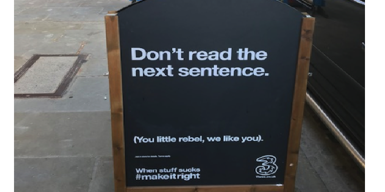 A great example from <a href="/ThreeUK/">Three UK</a> of how to capture shopper attention.  Everyone reads the next sentence, right?