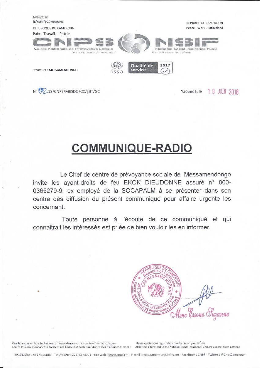 CnpsCameroun's tweet photo. #Communiqué Des ayants droits convoqués par le Cps de #Messamendongo #CNPS #Yaoundé https://t.co/MWauqD2lI1