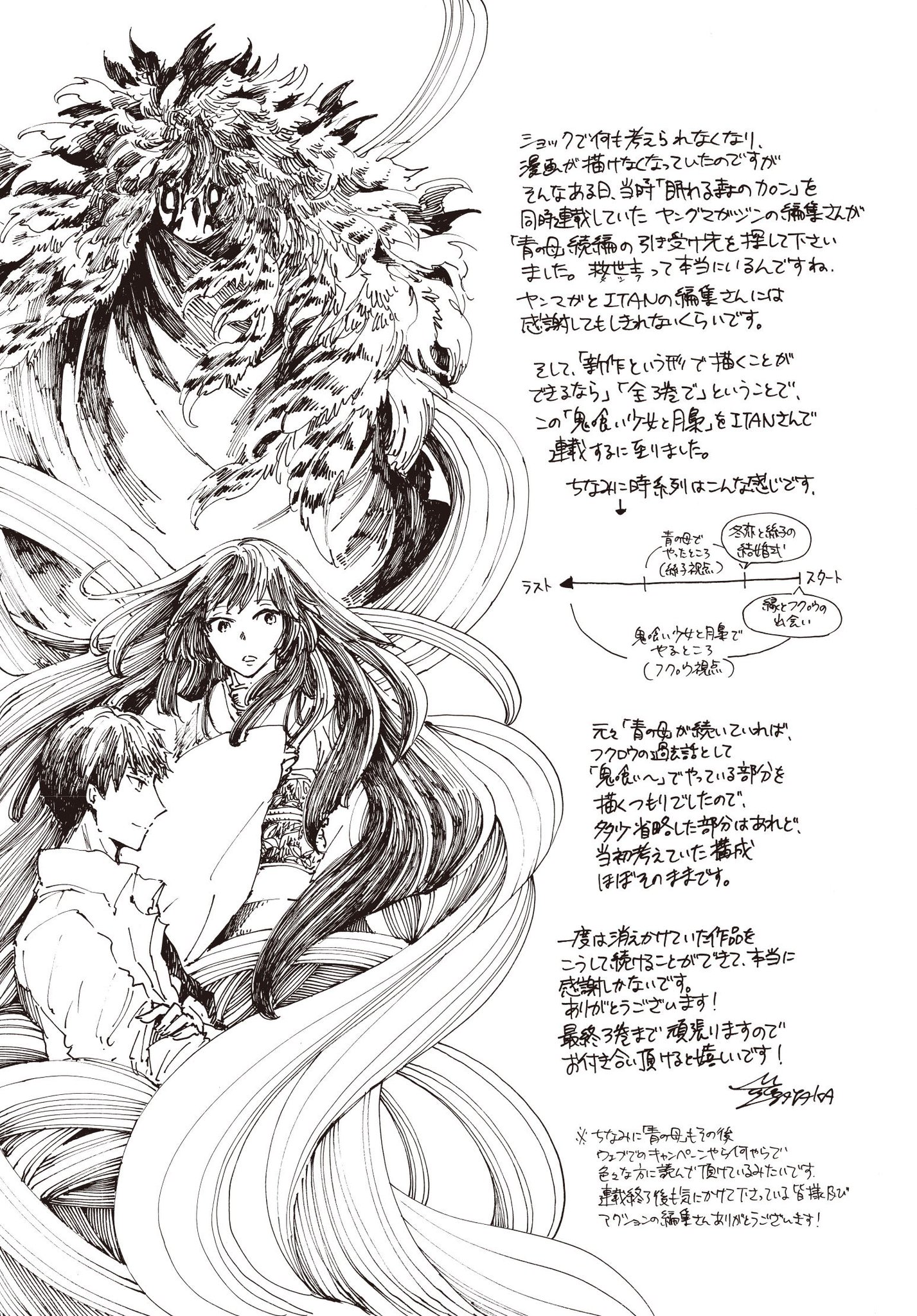 茂木清香 赤ずきんの狼弟子 電子版発売中 Skeb受付中 Pa Twitter 掲載していいよとのことなので 現在発売中の 鬼喰い少女と月梟 二巻に収録されているあとがきです 青の母 連載終了からこの作品を