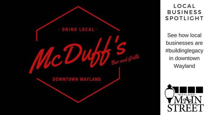 WaylandMainSt's tweet image. This month we feature McDuff's Bar &amp;amp; Grille and its new owners, River &amp;amp; Jeremy, for our Business Spotlight. Congratulations to both of you! buff.ly/2M3hE2j