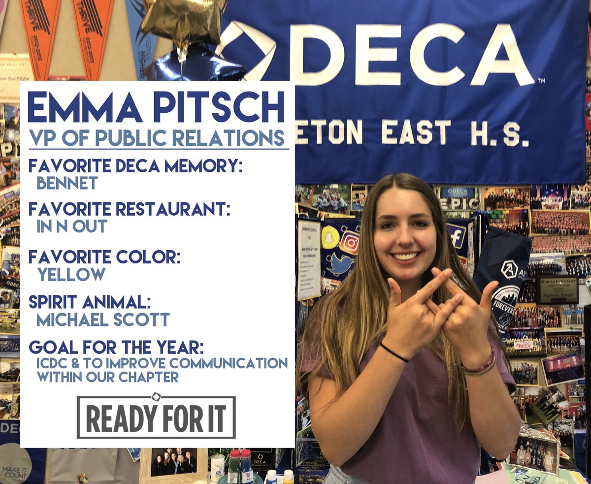 AEastDECA's tweet photo. Meet of VP of Public Relations, @emmapitsch! Check out her goals for the year and get to know her better! #ReadyForIt #AEastDECA https://t.co/suE2Kty65V