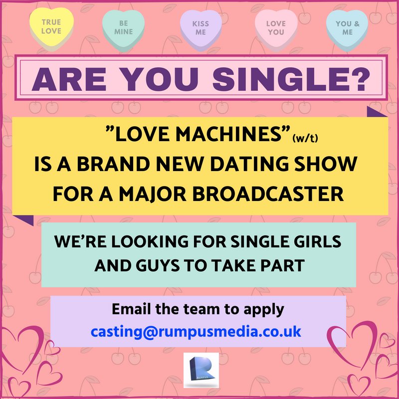 Hi Mel! Plz can you RT us? <a href="/Mel4TVcastings/">Mel4TVCastings</a> Rumpus Media are looking for single girls and guys to take part in a brand new dating show for a major broadcaster. Email the team if you want to hear more or apply! casting@rumpusmedia.co.uk #tvcasting #beontv #castingcall #single #love