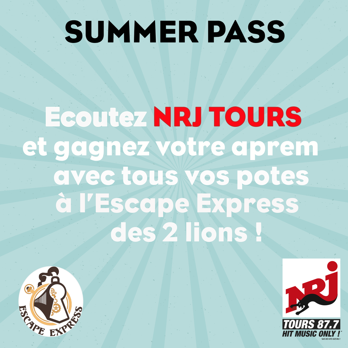 NRJTOURS37's tweet photo. #NRJSummerPass 😍🎁🍀
On vous offre vos parties à l'#EscapeExpress des 2 Lions, vos entrées dans les parcs #GadawiParkAventure à Tours Nord et Joué-Les-Tours, et votre soirée privée NRJ au #LaserGameEvolution de L'Heure Tranquille !
Pour gagner ➡️ ÉCOUTEZ @NRJTOURS37 de 15H-19H https://t.co/qn8M7fq8xO