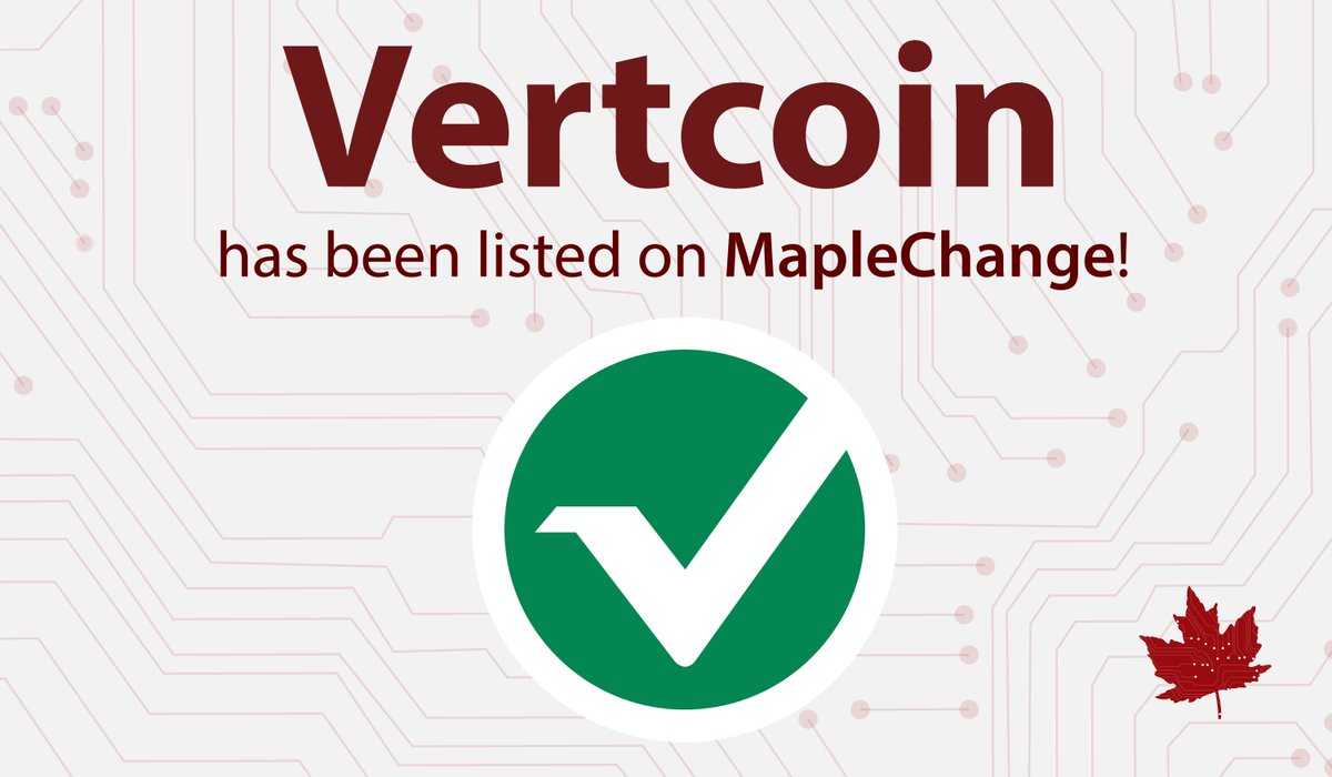 Vertcoin's tweet image. #Vertcoin has been listed on #MapleChange 

Check it out: maplechange.com

$VTC #Exchange #cryptocurrency #Crypto #cryptocurrencies