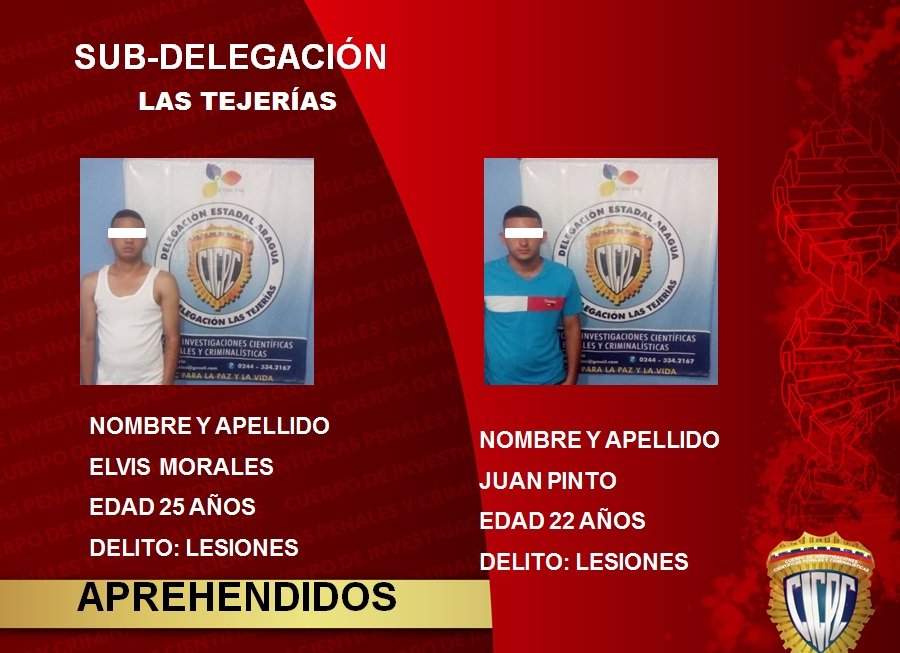 #CICPC Las Tejerías, logra la aprehensión de dos ciudadanos en flagrancia por el delito de lesiones en el Sector Curiepe del Municipio Santos Michelena, estado Aragua #EficienciaOnada.