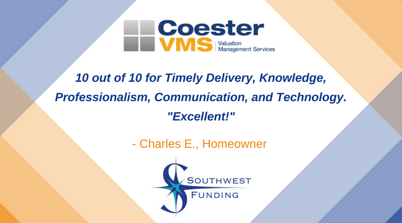 CoesterVMS's tweet photo. It's always great to see we are delivering on our CoesterMER service guarantee! Thank you Charles E. for the positive review on your appraisal experience with us and @SWFunding ! #CoesterVMS #PositiveReview https://t.co/z8ZKToJYkA