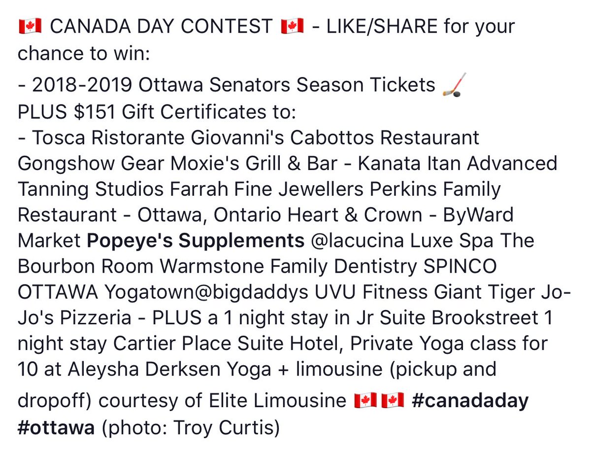 🇨🇦CANADA DAY CONTEST:  RT for chance to win #Sens 2018-2019 Season Tickets + $151 Gift Card’s to 27 Ottawa Businesses + more! (See contest photo below for full prize list) - Contest is Presented by Mattamy Homes 🇨🇦 #canada #ottawa