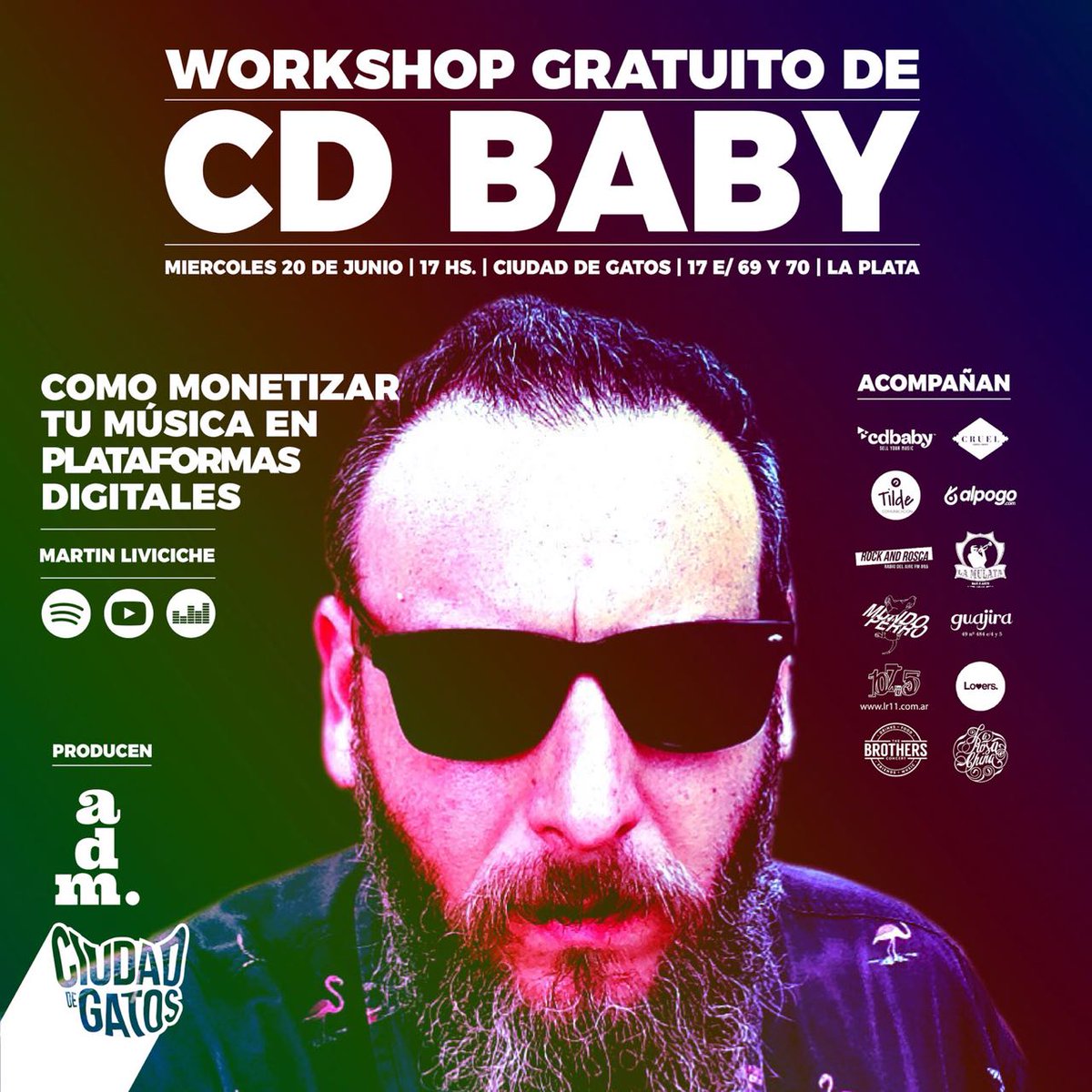 A las 17 hs en #CiudadDeGatos, estaremos en la segunda edición del Workshop G R A T U I T O que @cdbaby Ar viene a laburar a #LaPlata > <a href="/martinliviciche/">Martin</a> Country Manager Cd Baby Ar + @adm_agdemusica / <a href="/agendademusica/">ADM</a> , un feriado trabajando PARA USTED, tomá