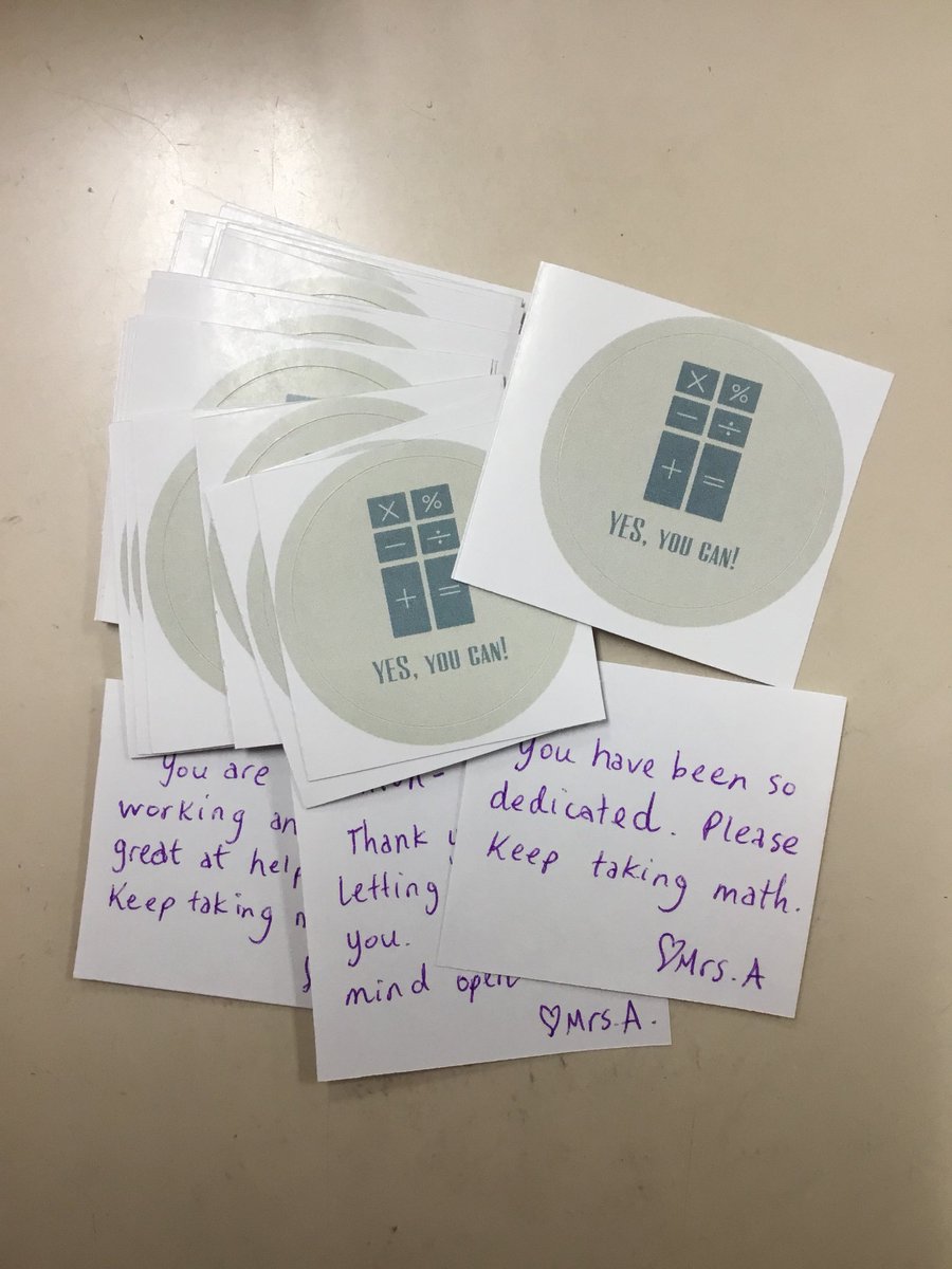 aliceaspinall's tweet image. My year-end gifts to my students this semester. Stickers from @Vistaprint and personalized messages. #growthmindset #mathmindset