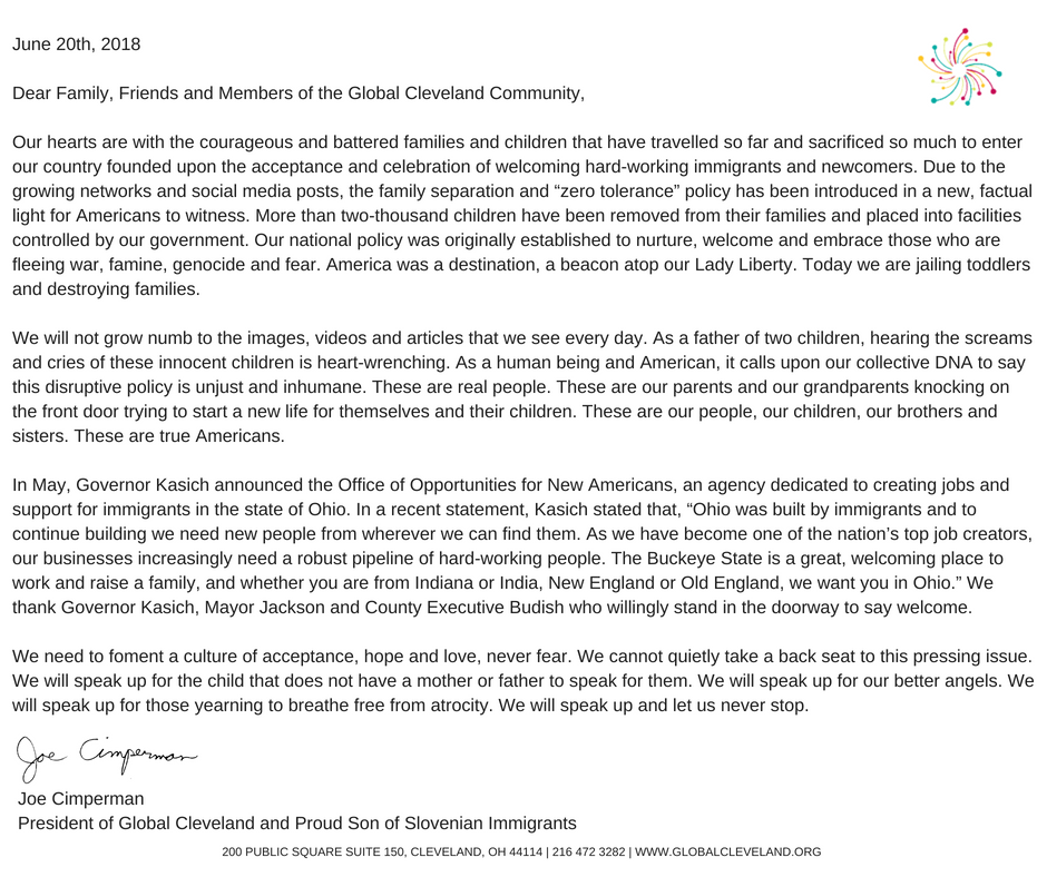 GlobalCleveland's tweet photo. Statement from Global Cleveland President @joecimperman on Family Separation and "Zero Tolerance" Policy. #SpeakOut #SpeakUp #FamiliesBelongTogether https://t.co/Y6MsfDpx6r