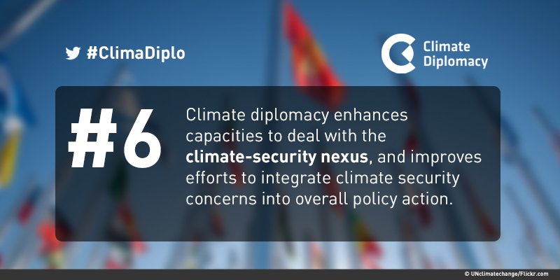 ClimateDiplo's tweet photo. Climate diplomacy enhances capacities to deal with the climate-security nexus, and improves efforts to integrate those concerns into overall policy action.
@PlanSecu @CntrClimSec @GERClimatEnergy @FedericaMog
#climadiplo #United4Climate @EUClimateAction #EU4 #EU4Talanoa https://t.co/RA9TzftlJu