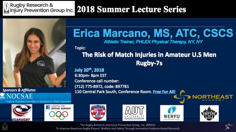 rripg's tweet photo. We are honored to have Erica Marcano lecture on her athletic research this evening #athletictrainer #summerlectureseries #rripg @nocsae @hspecialsurgery https://t.co/SI9rWuM2Qq