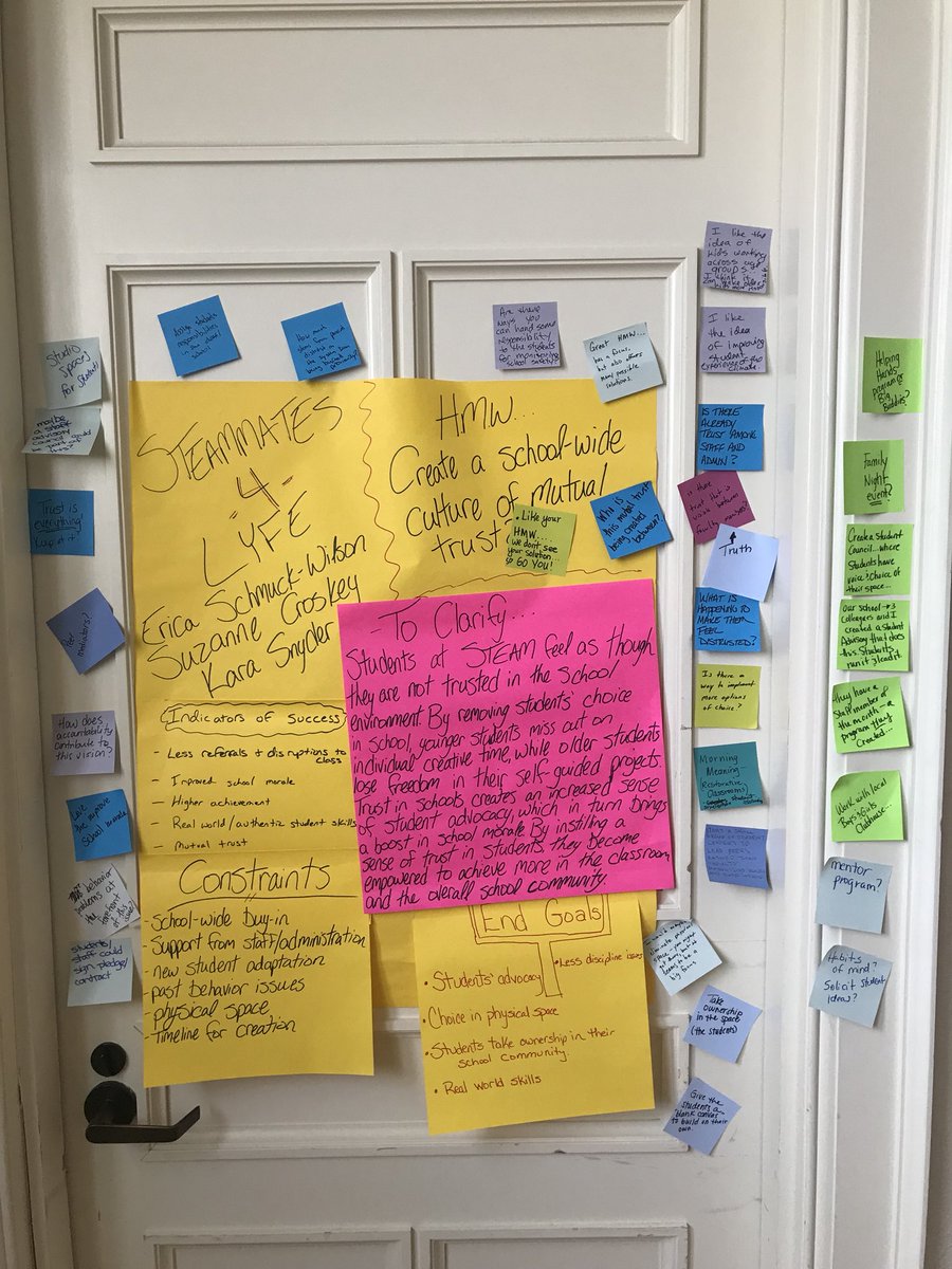 rtquinn's tweet photo. Cohort 2 from the @InnovationLab12 has been working hard to craft the beginning of their design challenge summary brief. Cannot wait to see where these teams end up! #YCIL #designthinking #feedback https://t.co/MRhz3gpwE7