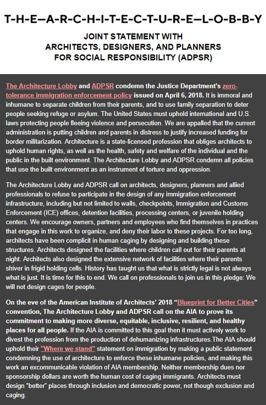 The Architecture Lobby & @ADPSR_org condemn the Justice Department’s zero-tolerance immigration enforcement policy, and all policies that use the built environment as an instrument of torture and oppression.

#NotOurWall #WeWontBuildYourWall #RevitalizeNotMilitarize