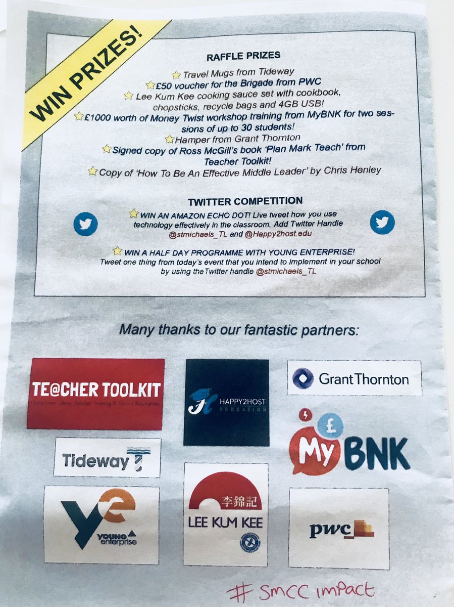 StMichaels_TL's tweet photo. Massive thanks to our very generous sponsors @Happy2hostEdu @TeacherToolkit @tidway @LeeKumKeeEurope @PwC_UK @mybank https://t.co/WSy5HY2Wlb