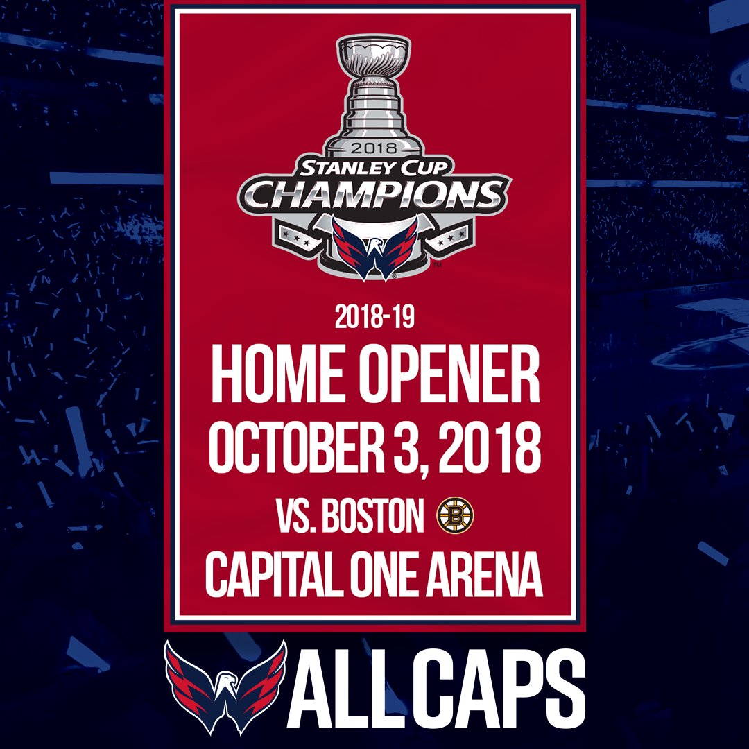 Capitals's tweet photo. It’s going to be a BANNER day at @CapitalOneArena  ! Your 2018-19 Opening Night vs. Boston on October 3rd. #CapsBruins #ALLCAPS https://t.co/Snq4BJRSd0